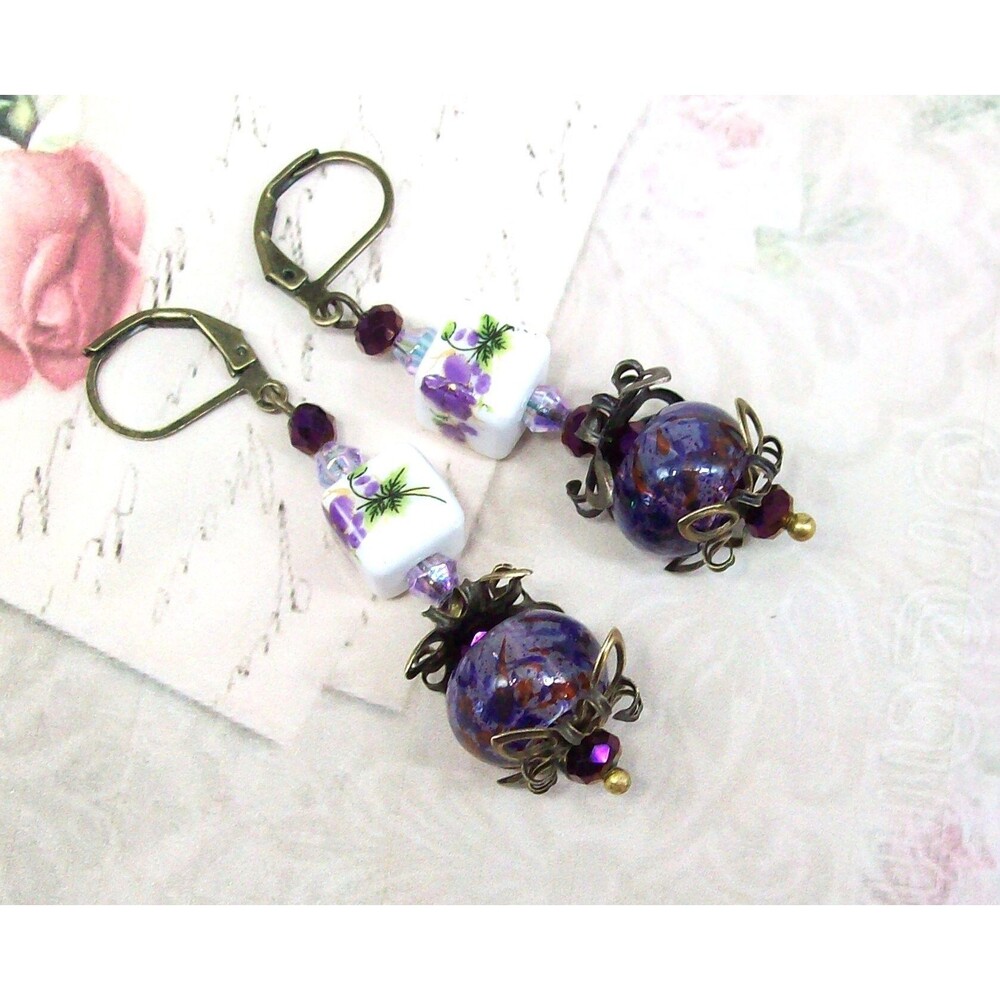 Lampwork Earrings Vintage Style. Bronze, Aubergine Purple, Artisan Crafted Jewel - Picture 2 of 10
